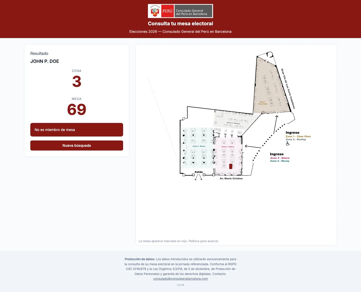 MiMesa election app showing voter polling table lookup with interactive venue map